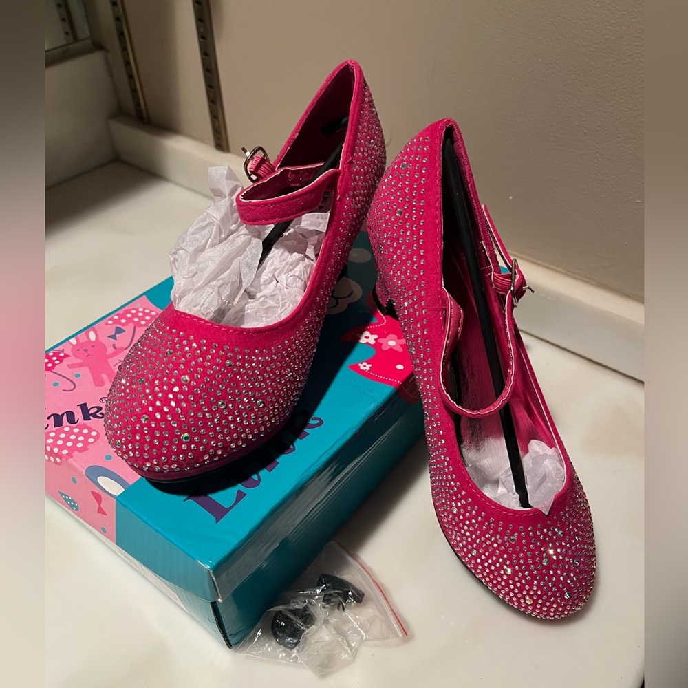 NIB—LINK “Dana 53K” Fuchsia Rhinestone Heels, Girls size 3Youth